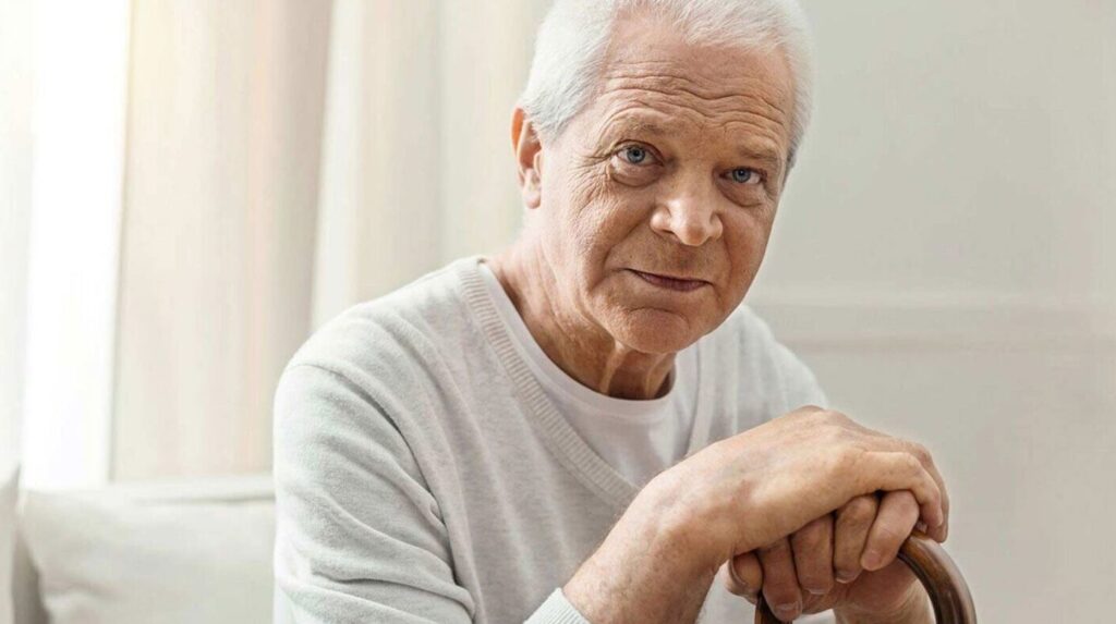 Image of elderly man seated, leaning on cane.