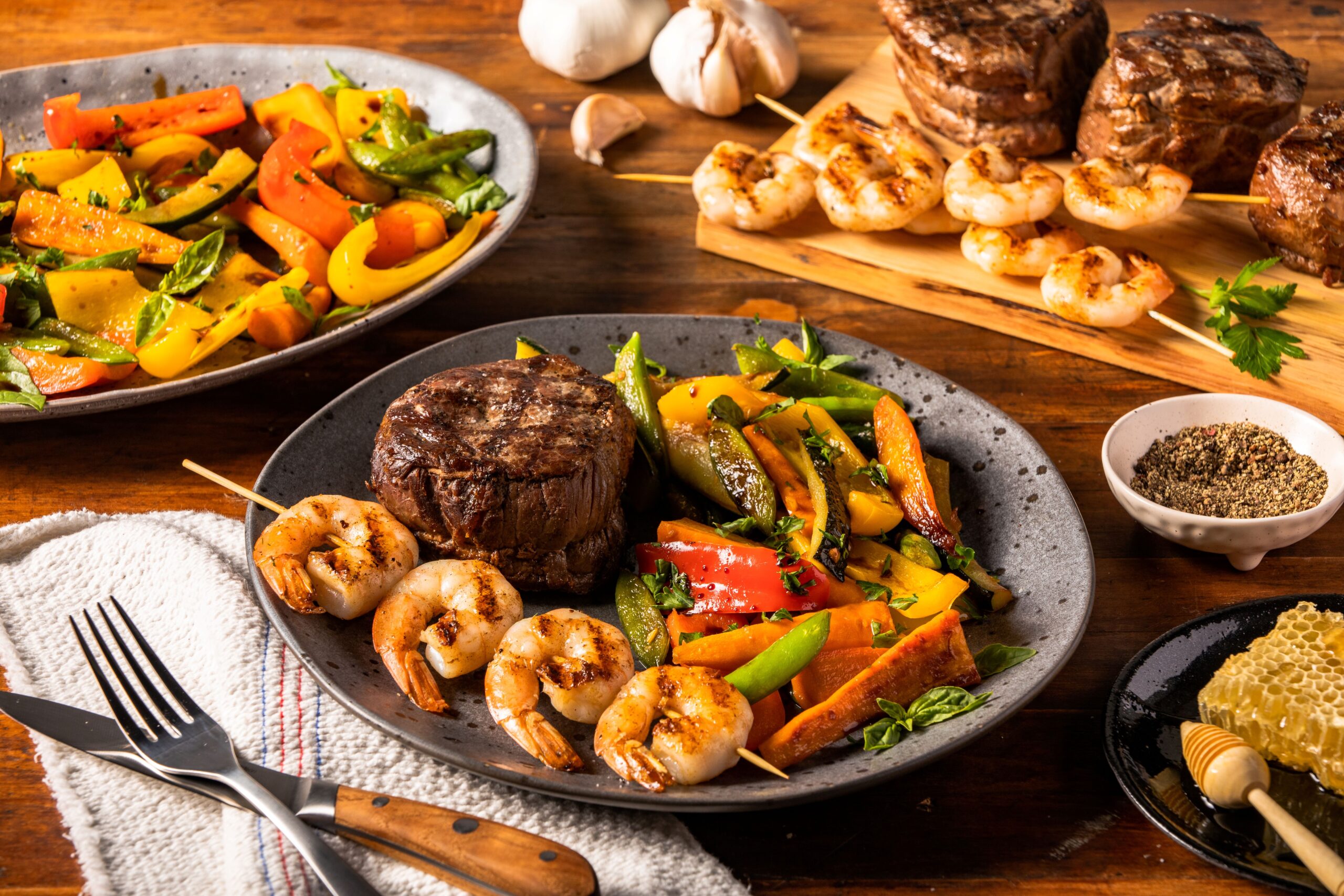 Sirloin Medallions and Grilled Shrimp with Balsamic Glazed Vegetables