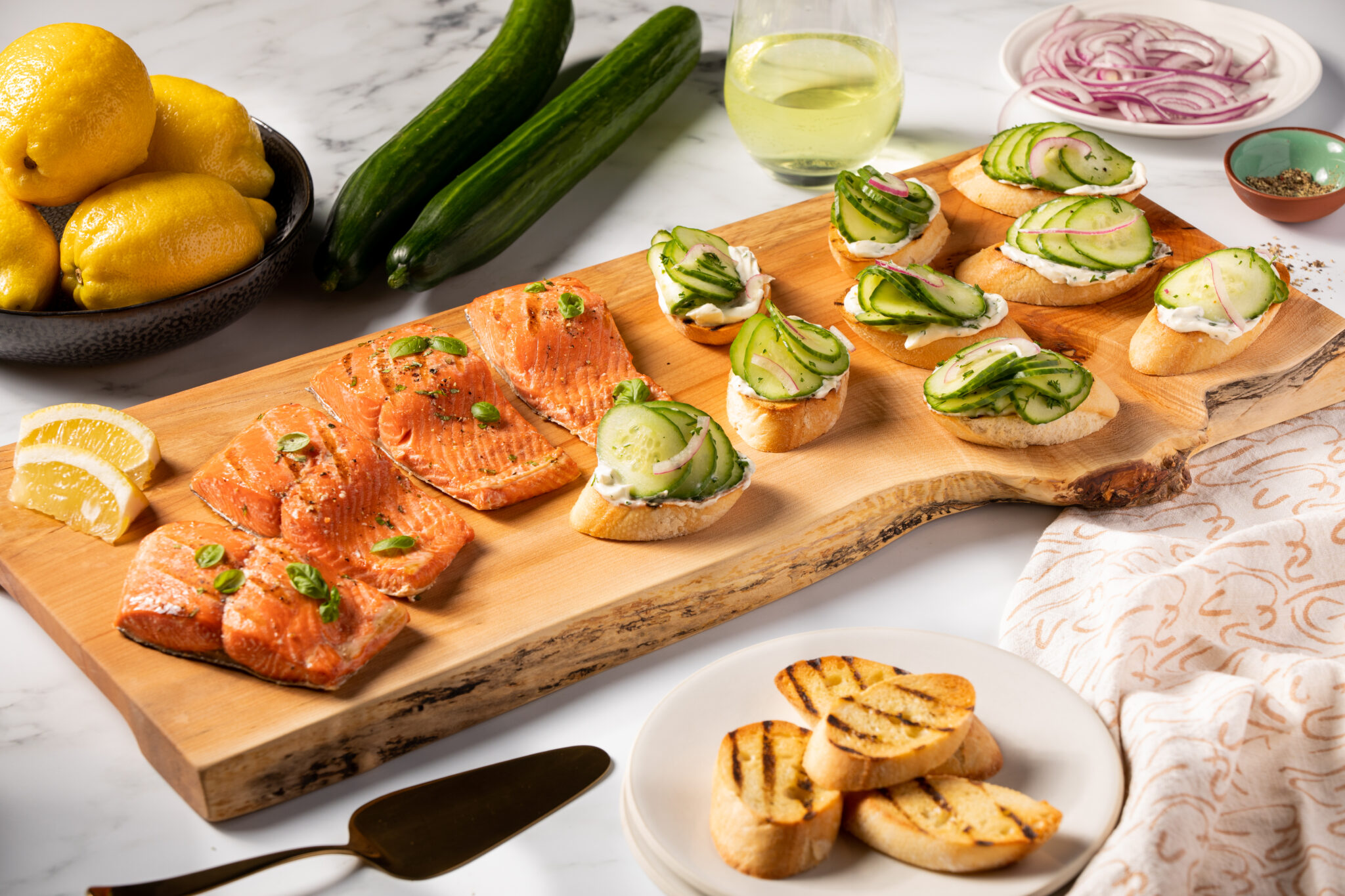 Grilled Wild Sockeye Salmon with Cucumber Salad on a Grilled Crostini